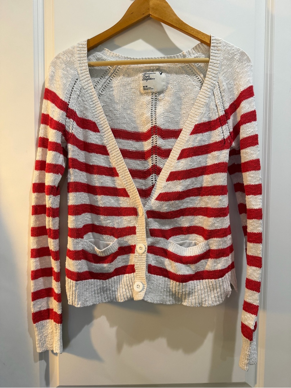 American Eagle Striped Cardigan‎ Sweater Women’s Medium Red White 100% Cotton